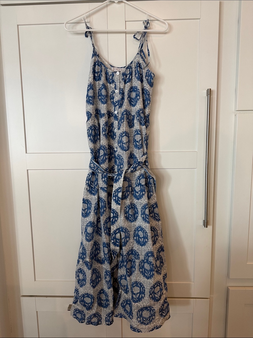 Blue and White Printed Tie-Shoulder Midi Dress